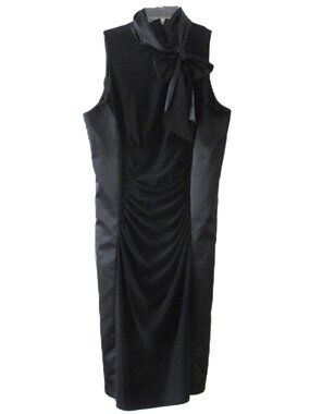 Evan Picone Little Black Ruched Satin Trim High Neck Bow Dress Sheath sz 14